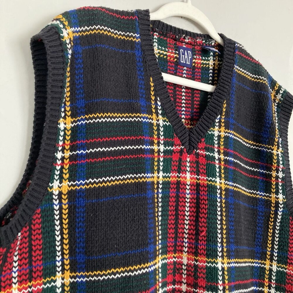 Vintage GAP Plaid Tartan Knit Vest XL Black Cotton Multicolor 90’s Streetwear - Picture 2 of 7